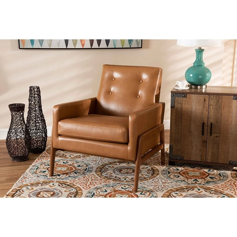 Tan Faux Leather Upholstered Wood Lounge Chair N471