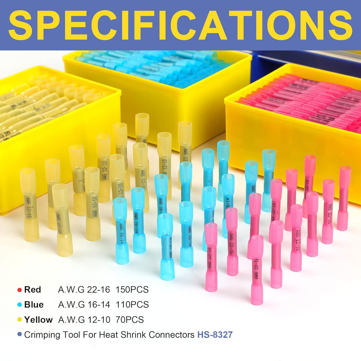 330PCS Heat Shrink Butt Connectors Set, AWG 22-10 Marine Grade Waterproof Butt Splice Connectors with Crimping Tool S613936