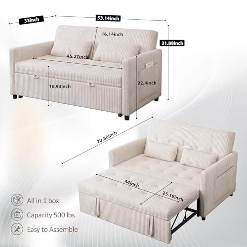Beige Corduroy 2 Seater Convertible Sleeper Sofa W5943