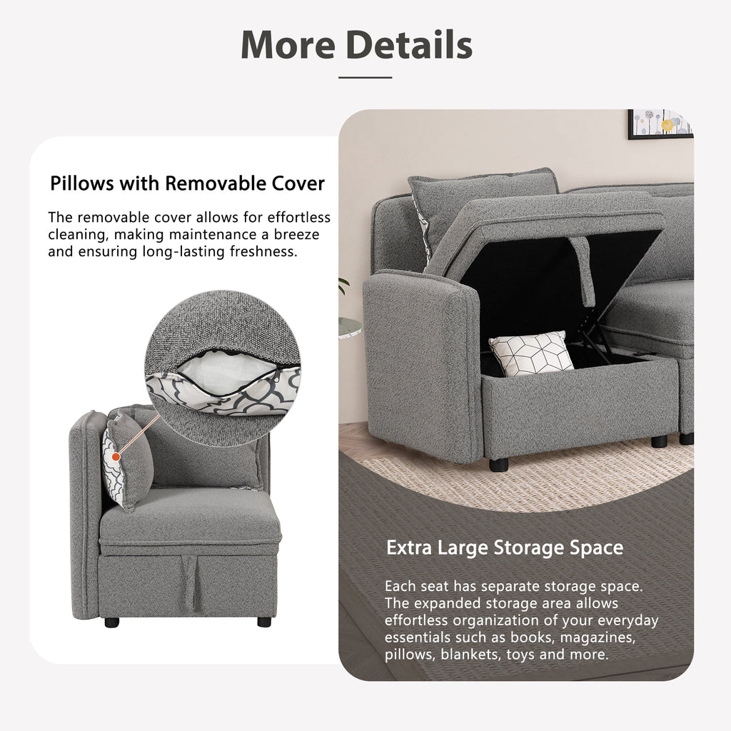 Gray Chenille Fabric 4 Seater Sectional Sofa with 5 Pillows E348