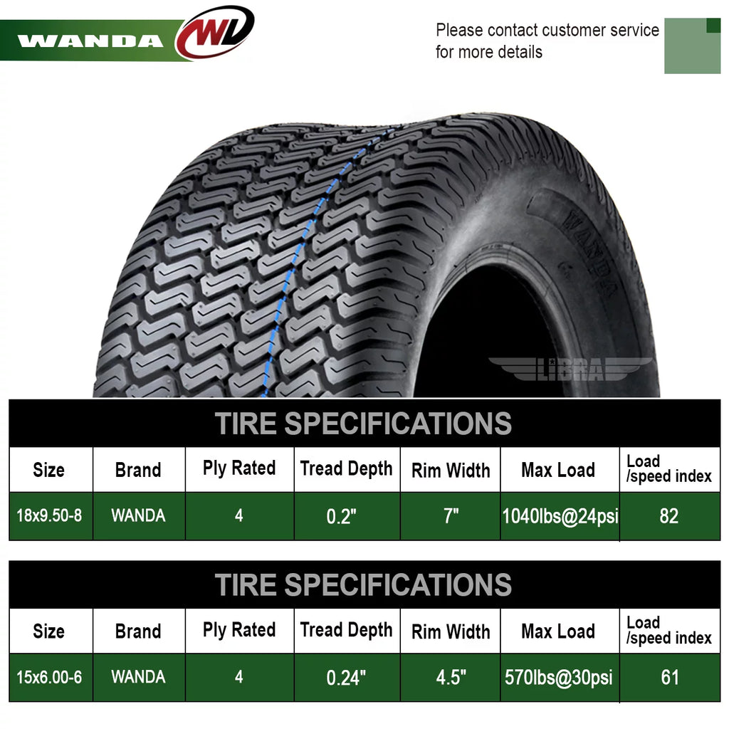 Set of 4 Lawn Mower Turf Tires 15x6-6 Front & 18x9.5-8 Rear O990075