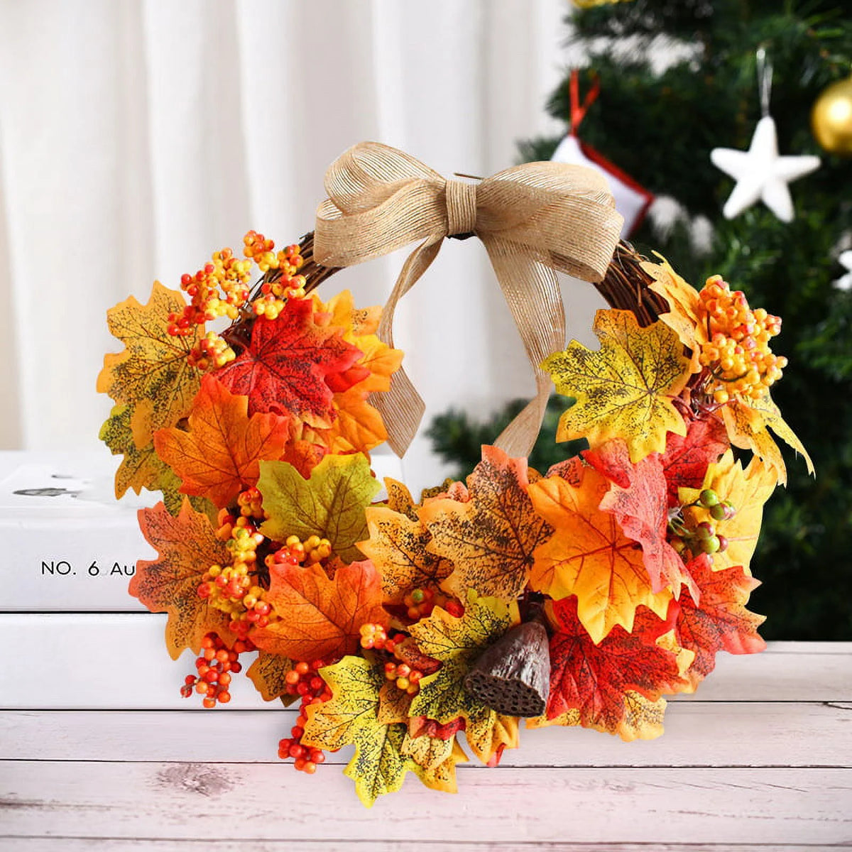 Autumn Harvest Artificial Maple Leaf Wreath with Bow W819459