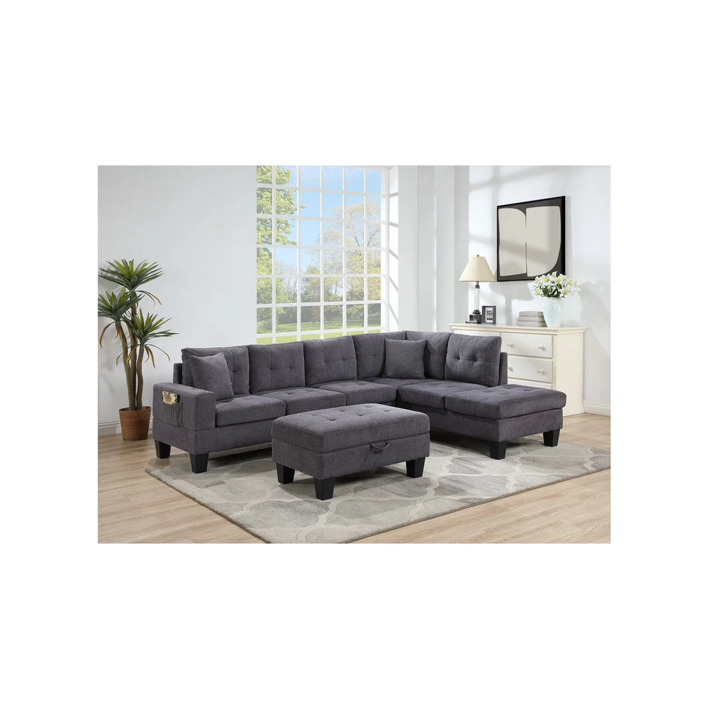 Dark Gray Woven Fabric Sectional with Charging Ports Cupholders R331