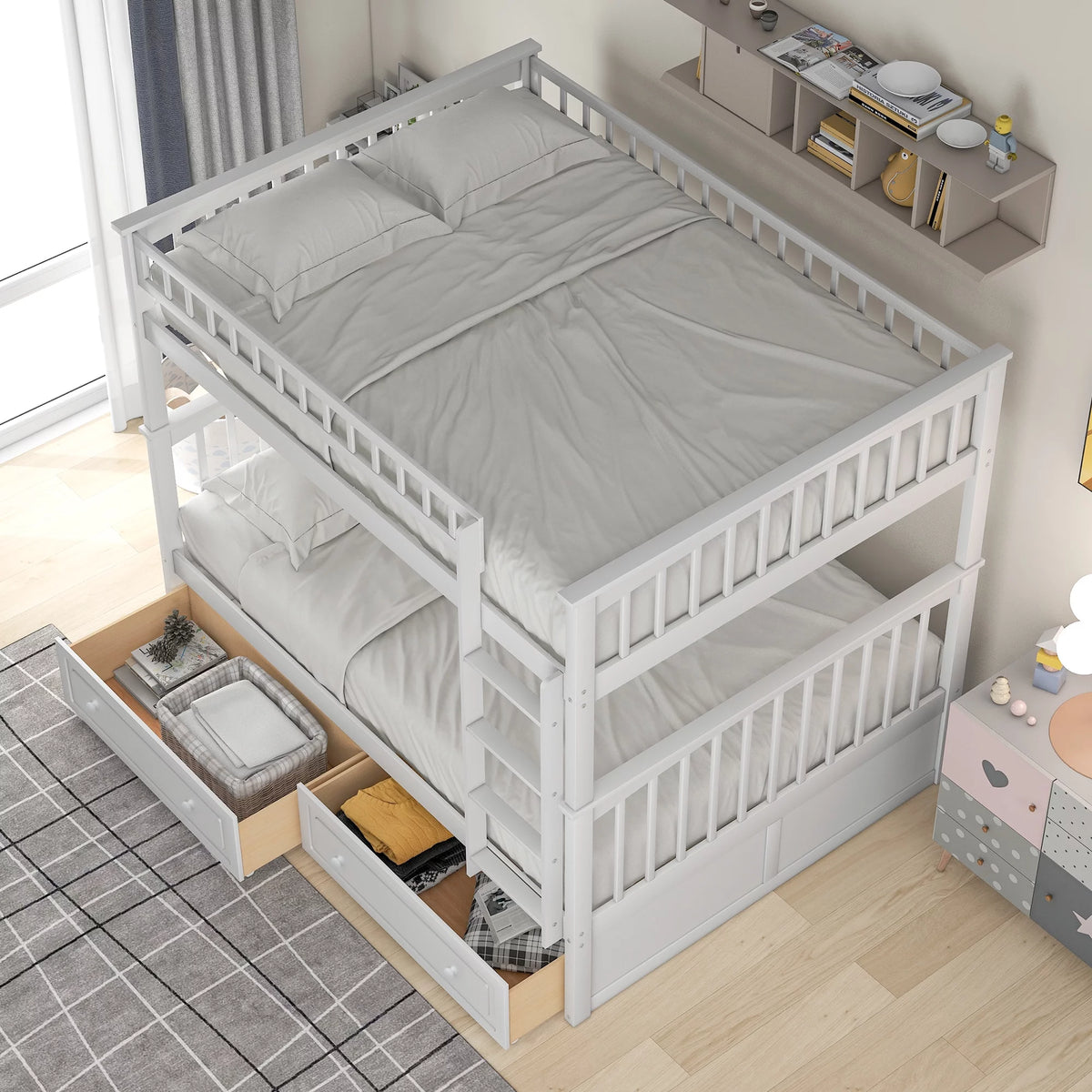 Pine Wood Full-Over-Full Bunk Bed with Storage I703522