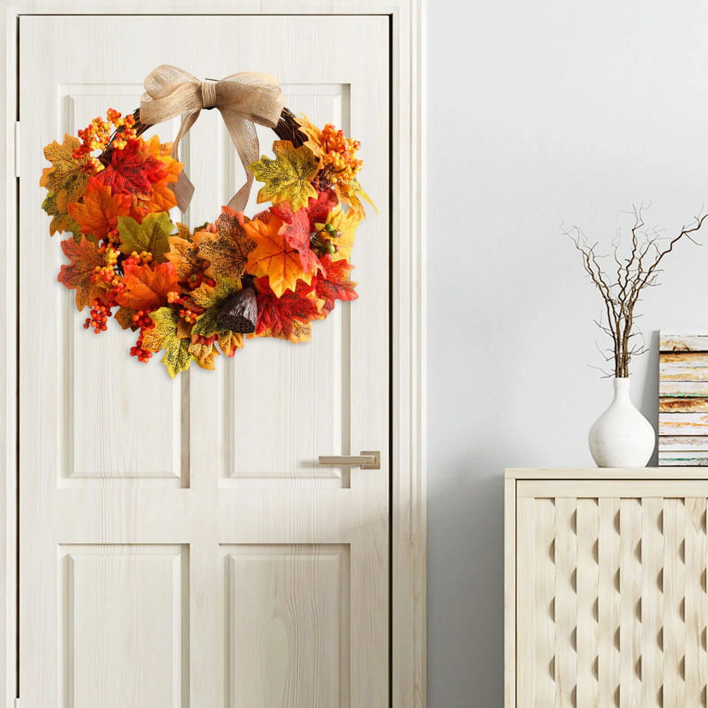Autumn Harvest Artificial Maple Leaf Wreath with Bow W819459