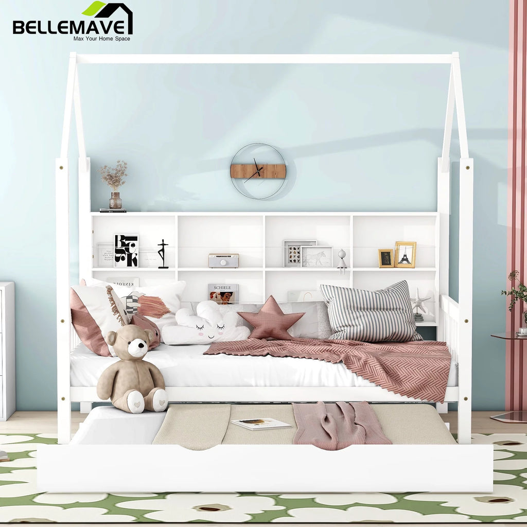 Twin Size Solid Wood House Bed with Trundle and Storage Shelves U865808