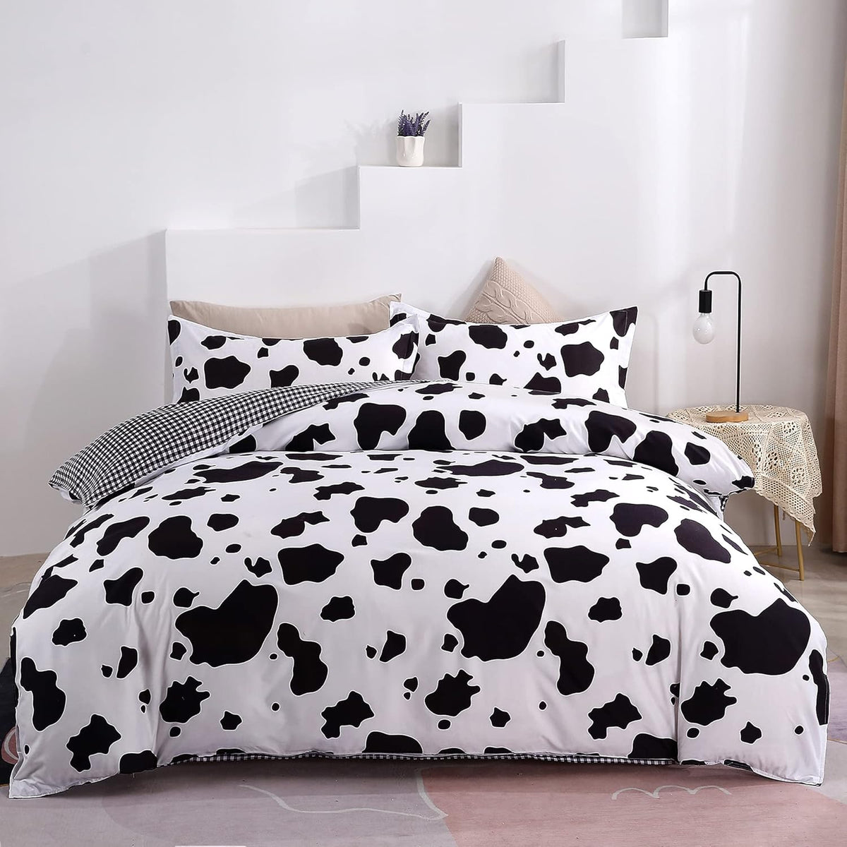 Twin Reversible White and Black Cow Duvet Cover Bedding Set with Zipper F25012