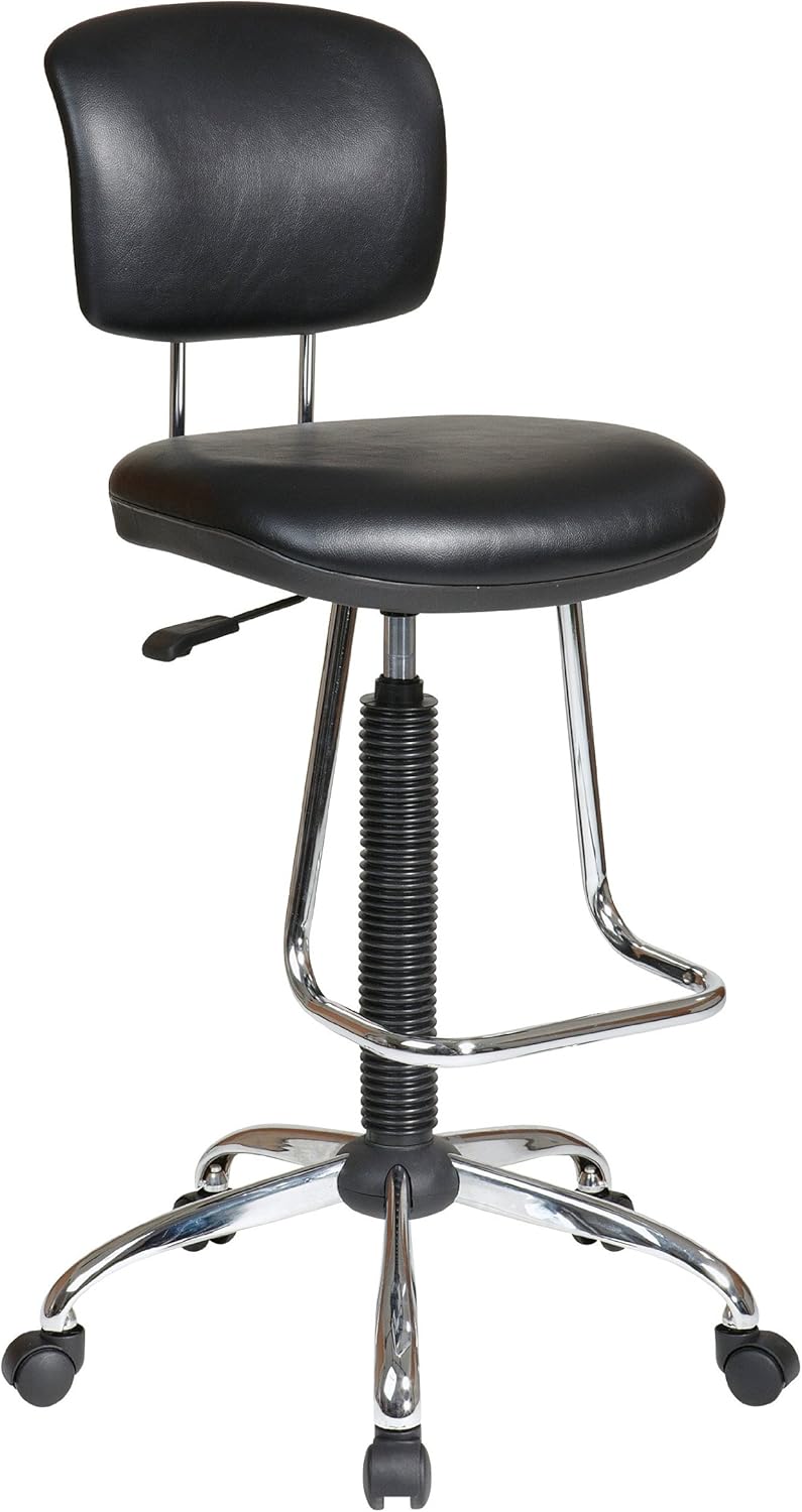 Pneumatic Drafting Chair with Casters and Chrome Teardrop Footrest, Vinyl Stool and Back E385
