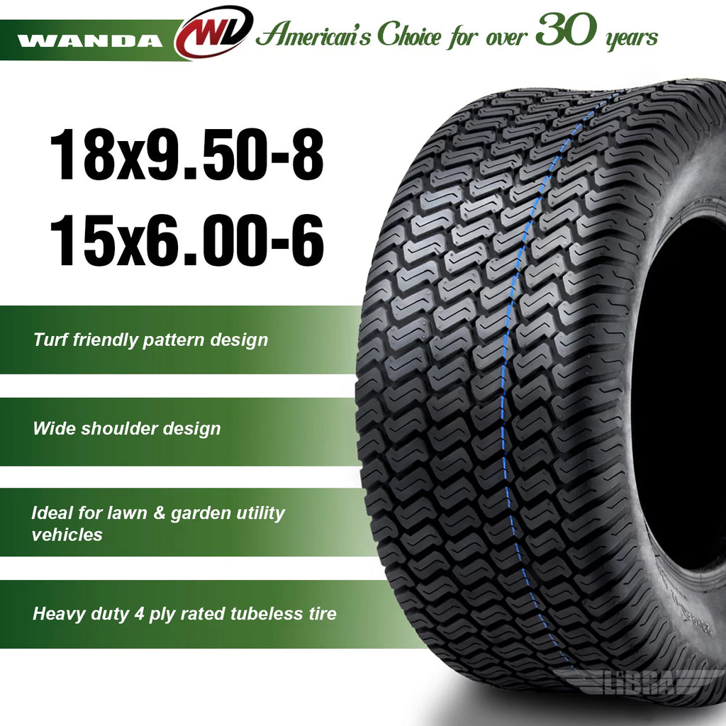 Set of 4 Lawn Mower Turf Tires 15x6-6 Front & 18x9.5-8 Rear O990075