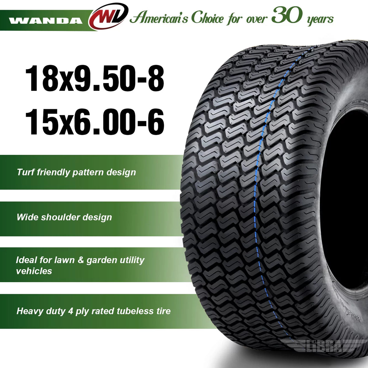 Set of 4 Lawn Mower Turf Tires 15x6-6 Front & 18x9.5-8 Rear O990075