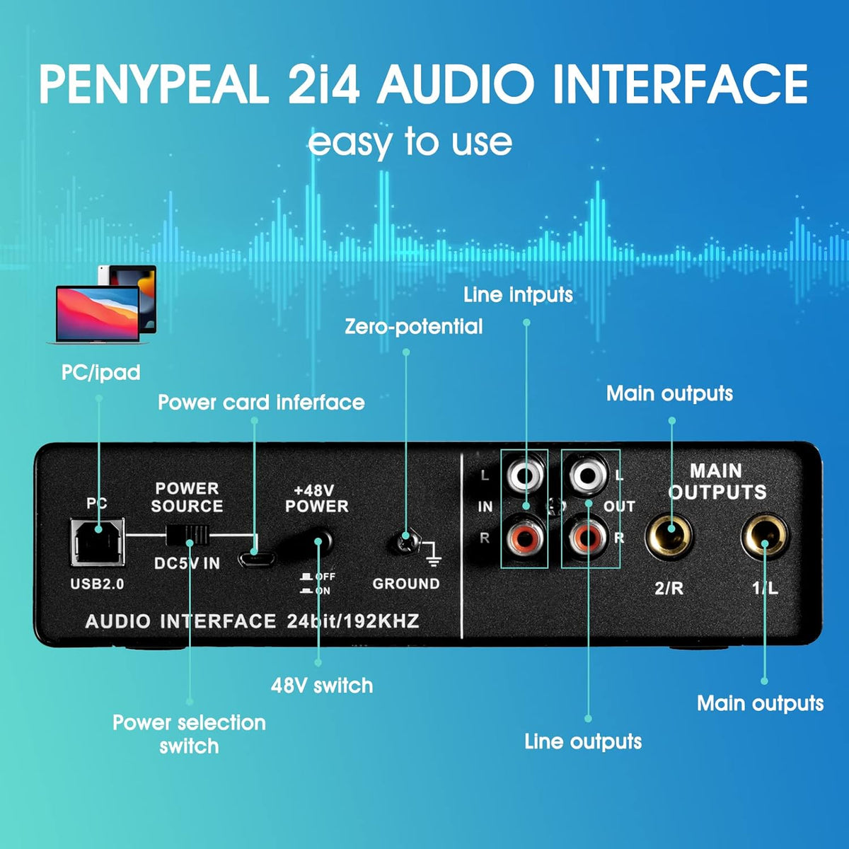 2-in 4-out USB Audio Interface with XLR Mic Amplifier, 48V Phantom Power, Pack of 2 R54375