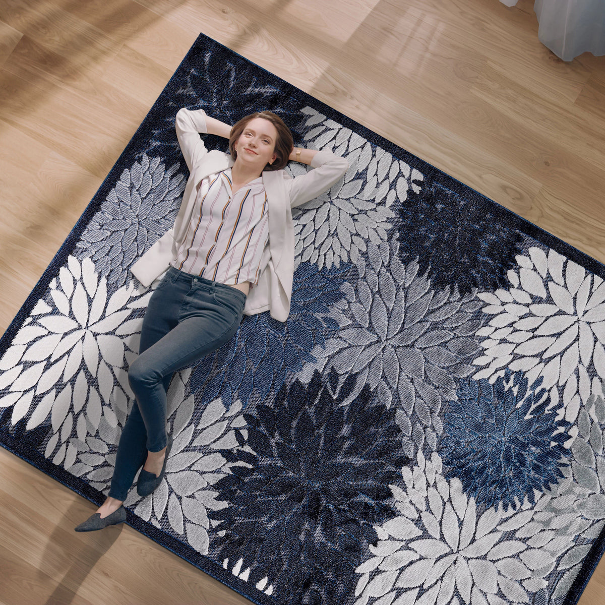 Navy Blue 8x10 Washable Indoor Outdoor Area Rug G7497