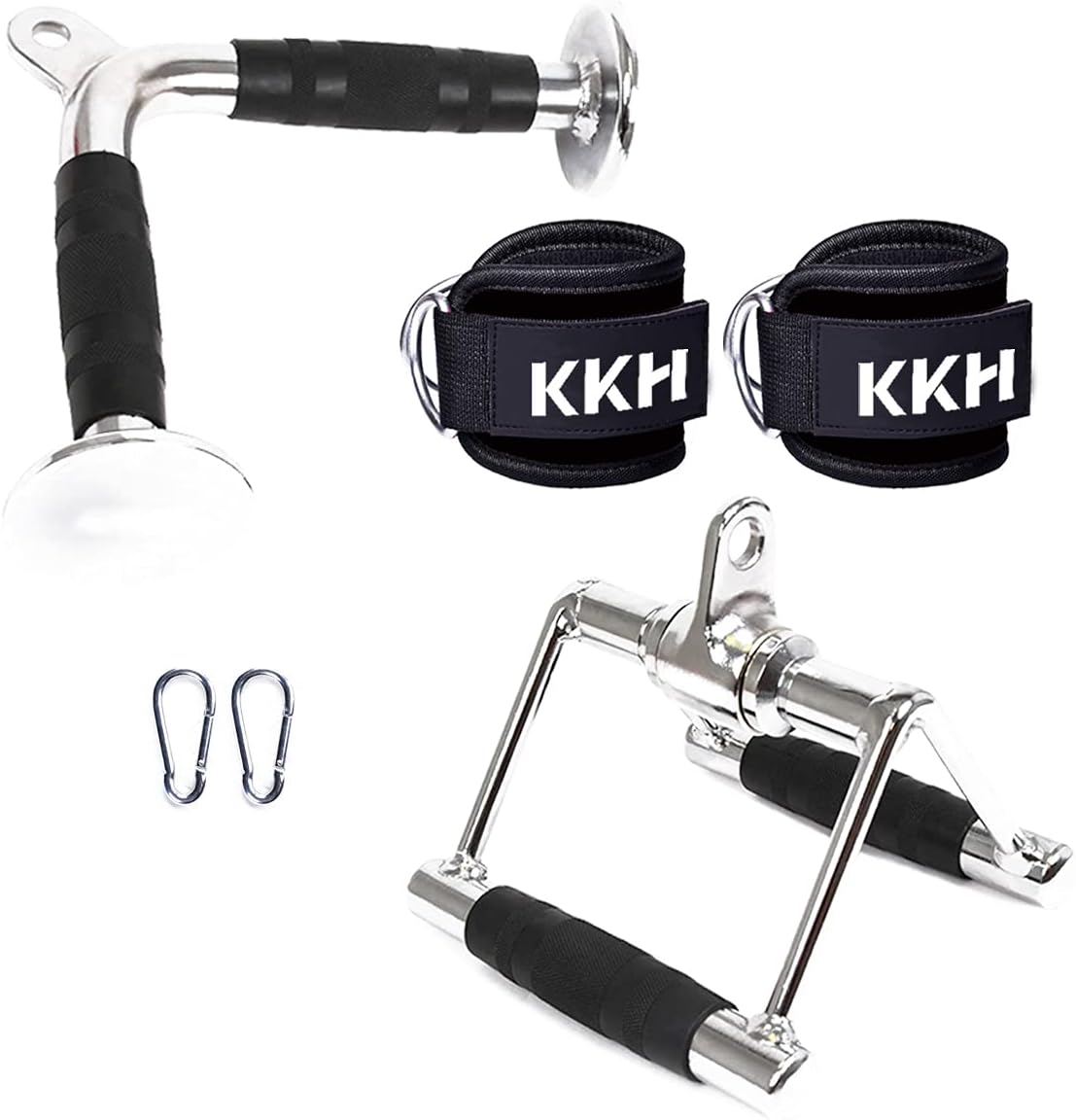 Cable Machine Attachments Set with V-Shaped Bar, Straight Rotating Bar, Double D Handle, Snap Hooks, Ankle Strap K20709