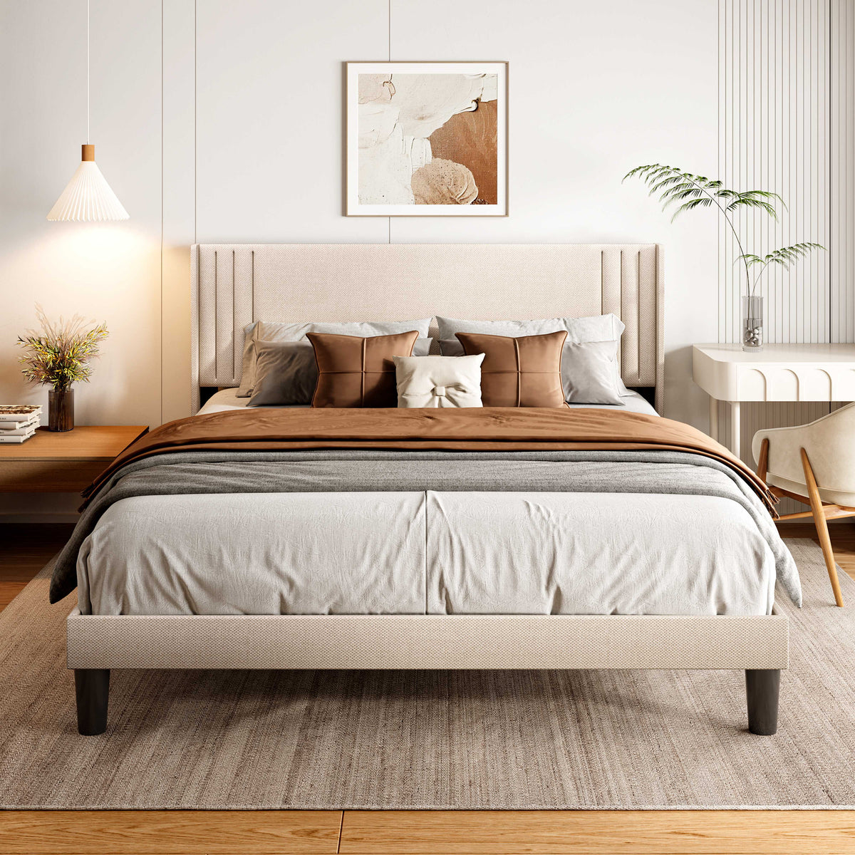 Queen Size Bed Frame with Wingback Headboard J60862