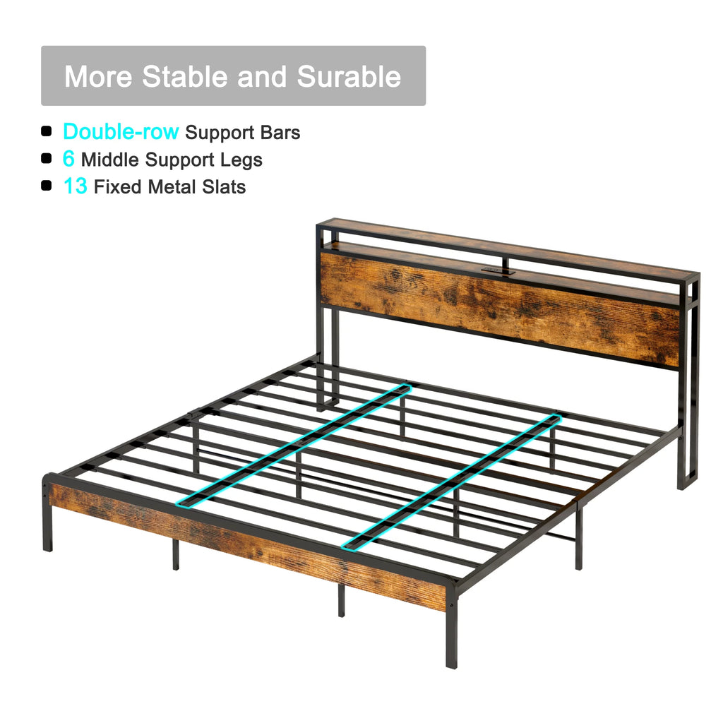 King Bed Frame with Storage Headboard and Charging Station P692555