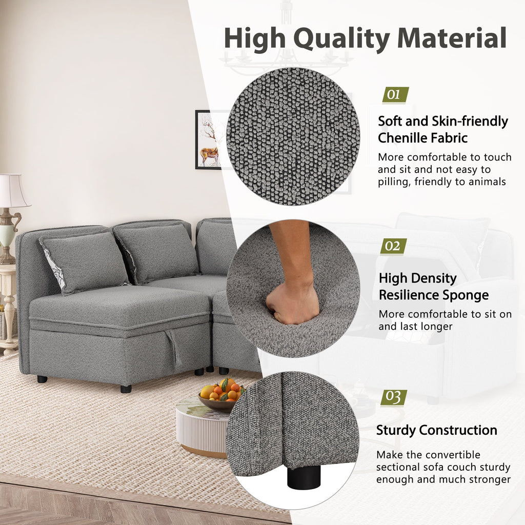 Gray Chenille Fabric 4 Seater Sectional Sofa with 5 Pillows E348