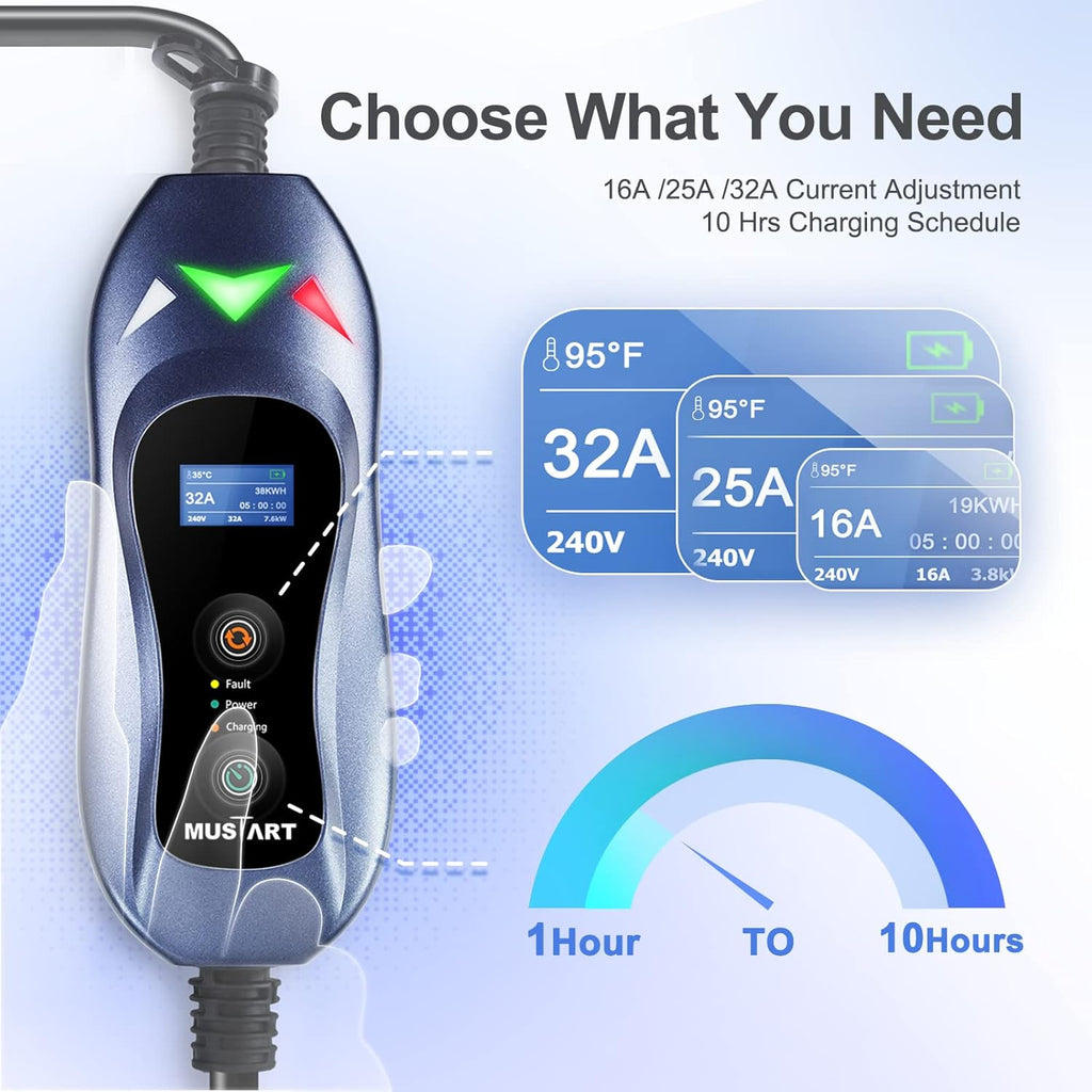 Portable EV Charger 240 Volt 25ft Cable 32 Amp Adjustable Plug-in Charging Station T742974