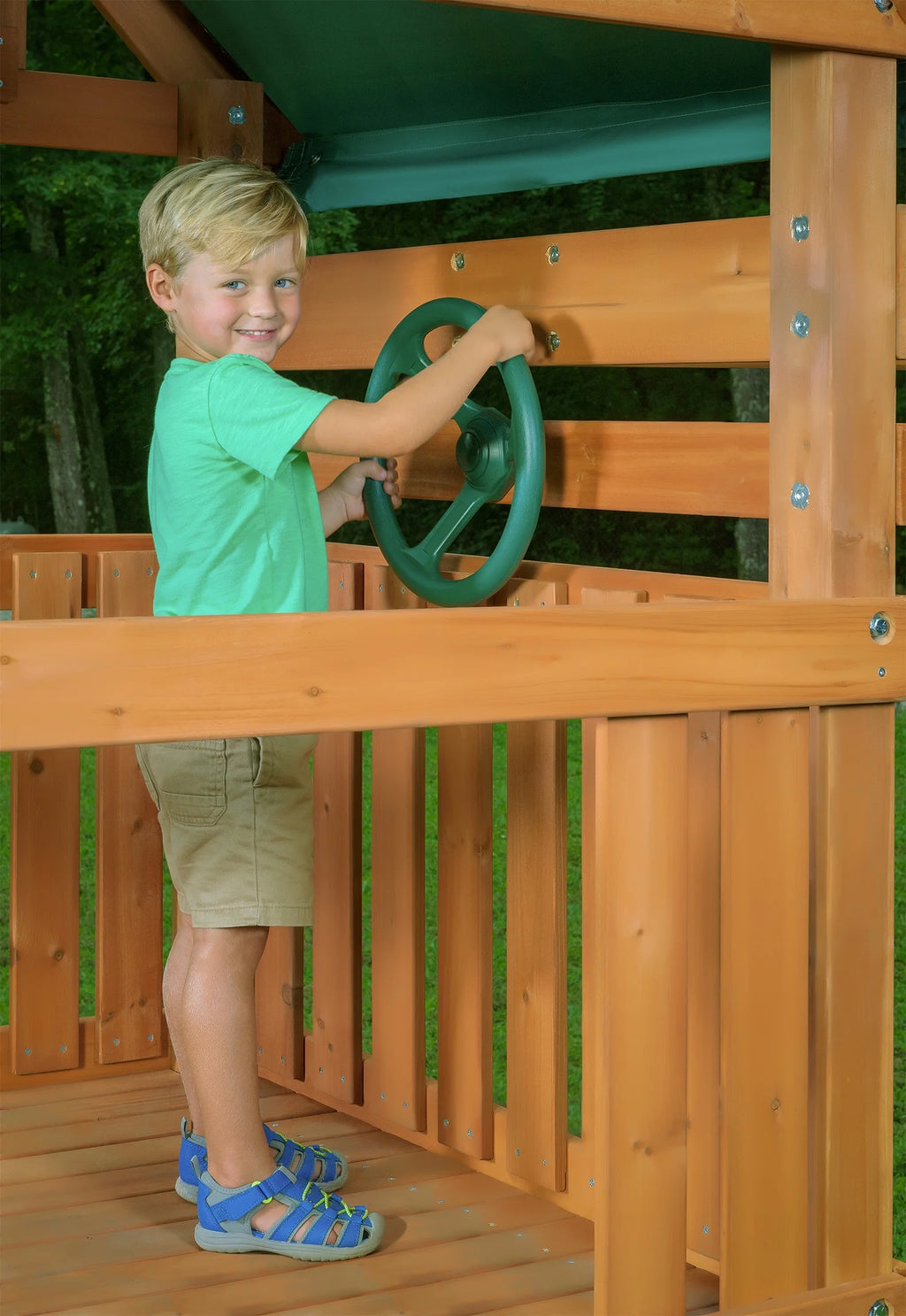 Wooden Swing Sets with Tarp Roof & Green Slide K74848