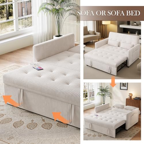 Beige Corduroy 2 Seater Convertible Sleeper Sofa W5943