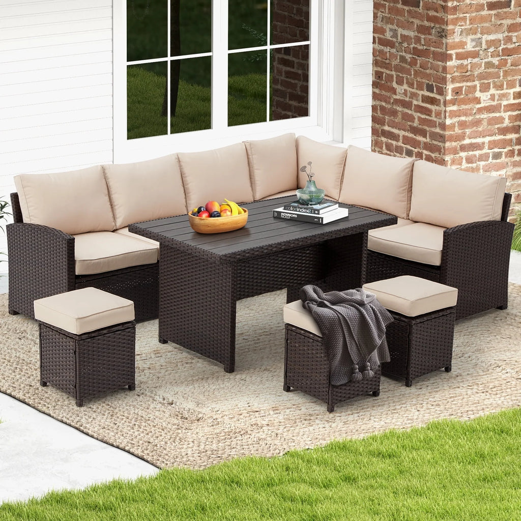 7 Piece Rattan Wicker Sectional Sofa Set with Dining Table & Chair F87660