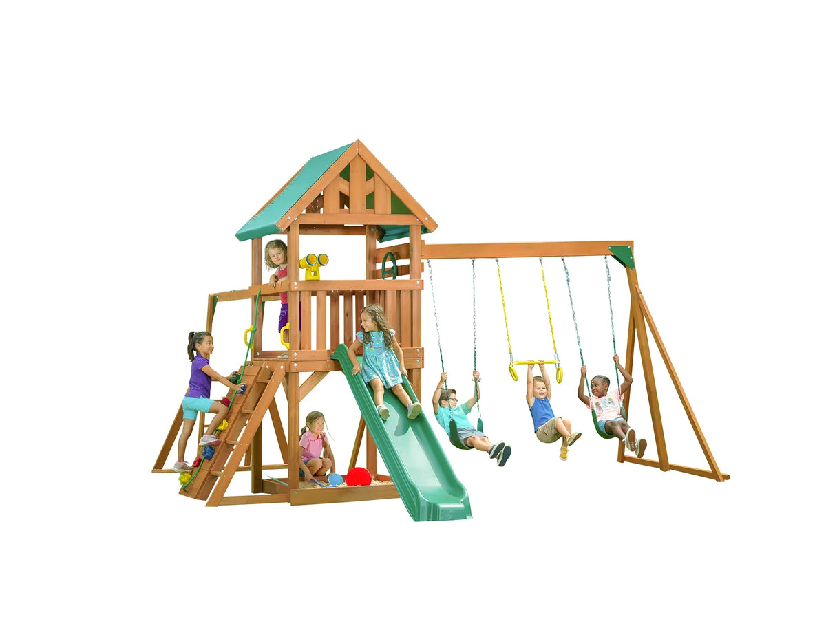 Wooden Swing Sets with Tarp Roof & Green Slide K74848