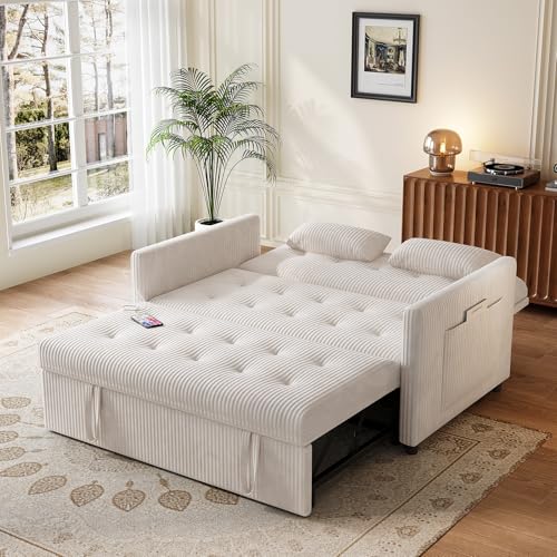 Beige Corduroy 2 Seater Convertible Sleeper Sofa W5943