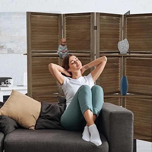 6 Panel Wooden Room Divider with Shelves L429