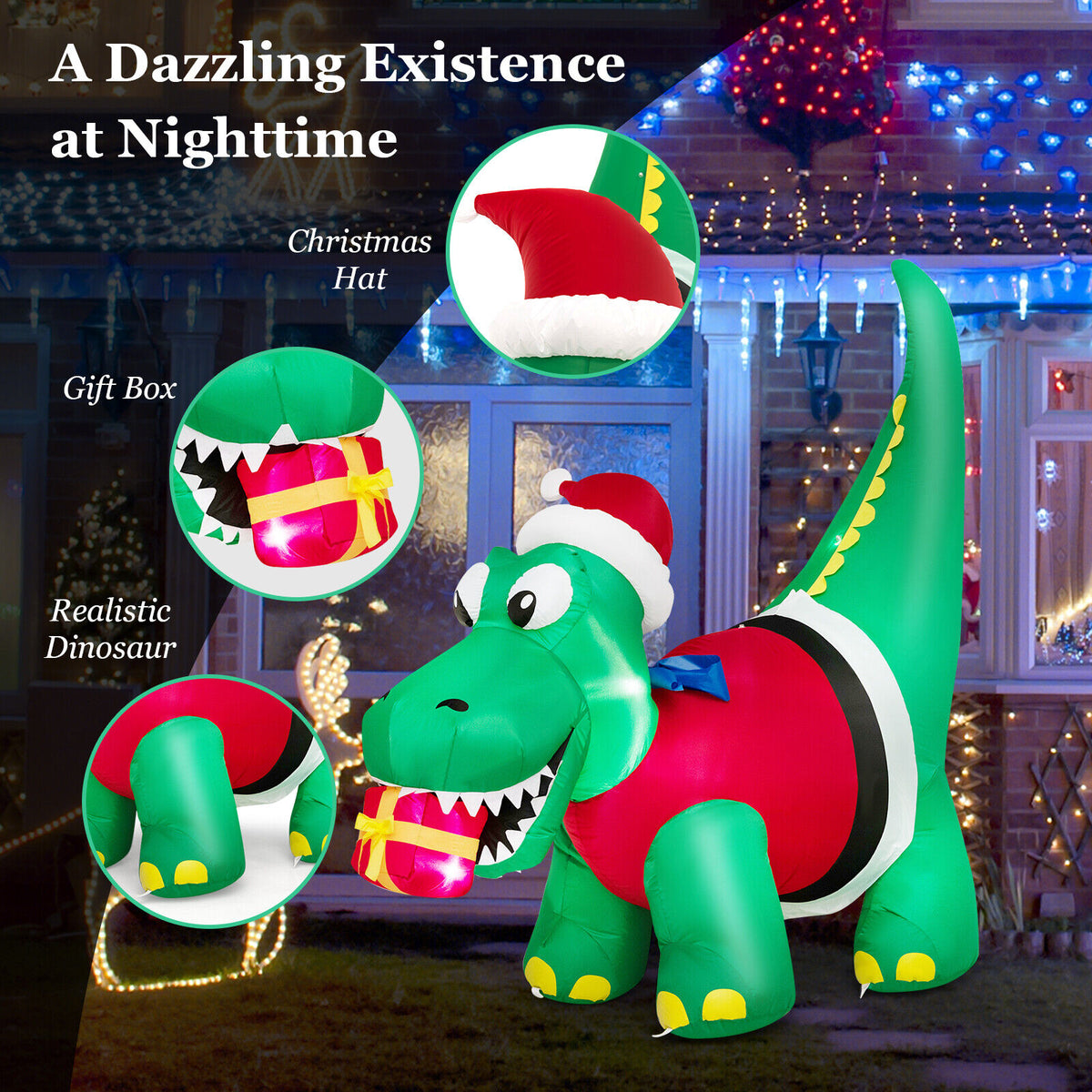 6 FT Christmas Inflatable Dinosaur with Gift Box LED Lights & Blower D2667