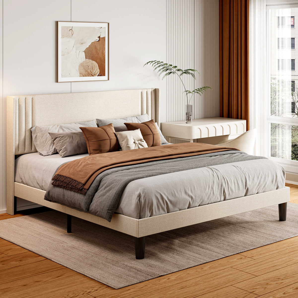 Queen Size Bed Frame with Wingback Headboard J60862