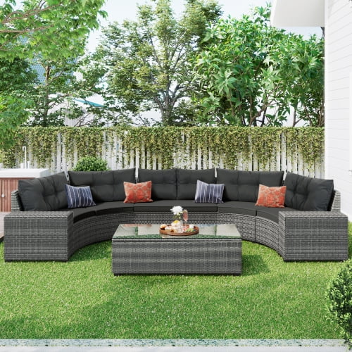 8 Pieces Outdoor Wicker Round Sofa Set with Coffee Table K136