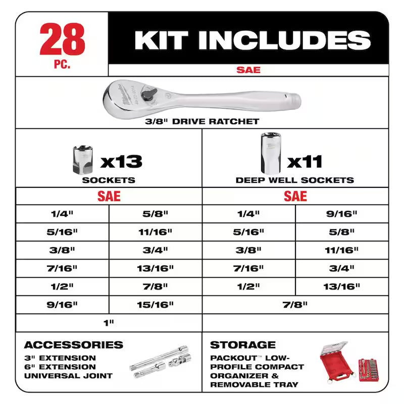 3/8 in. Drive SAE Ratchet and Socket Mechanics Tool Set (28-Piece) T213