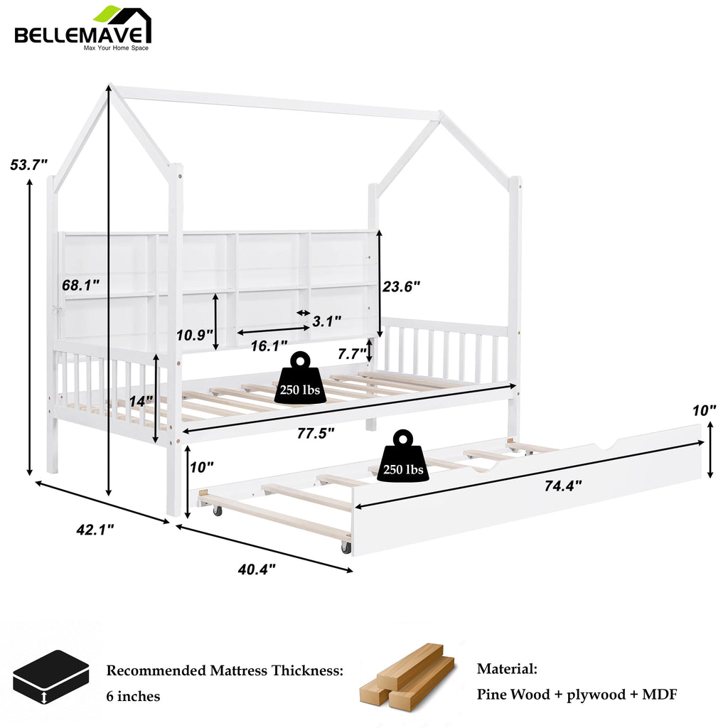 Twin Size Solid Wood House Bed with Trundle and Storage Shelves U865808