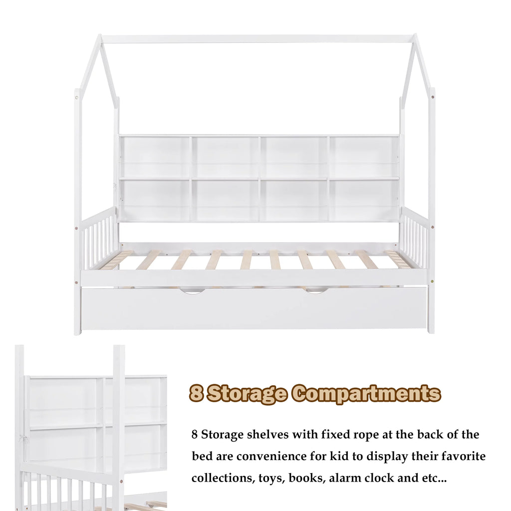 Twin Size Solid Wood House Bed with Trundle and Storage Shelves U865808