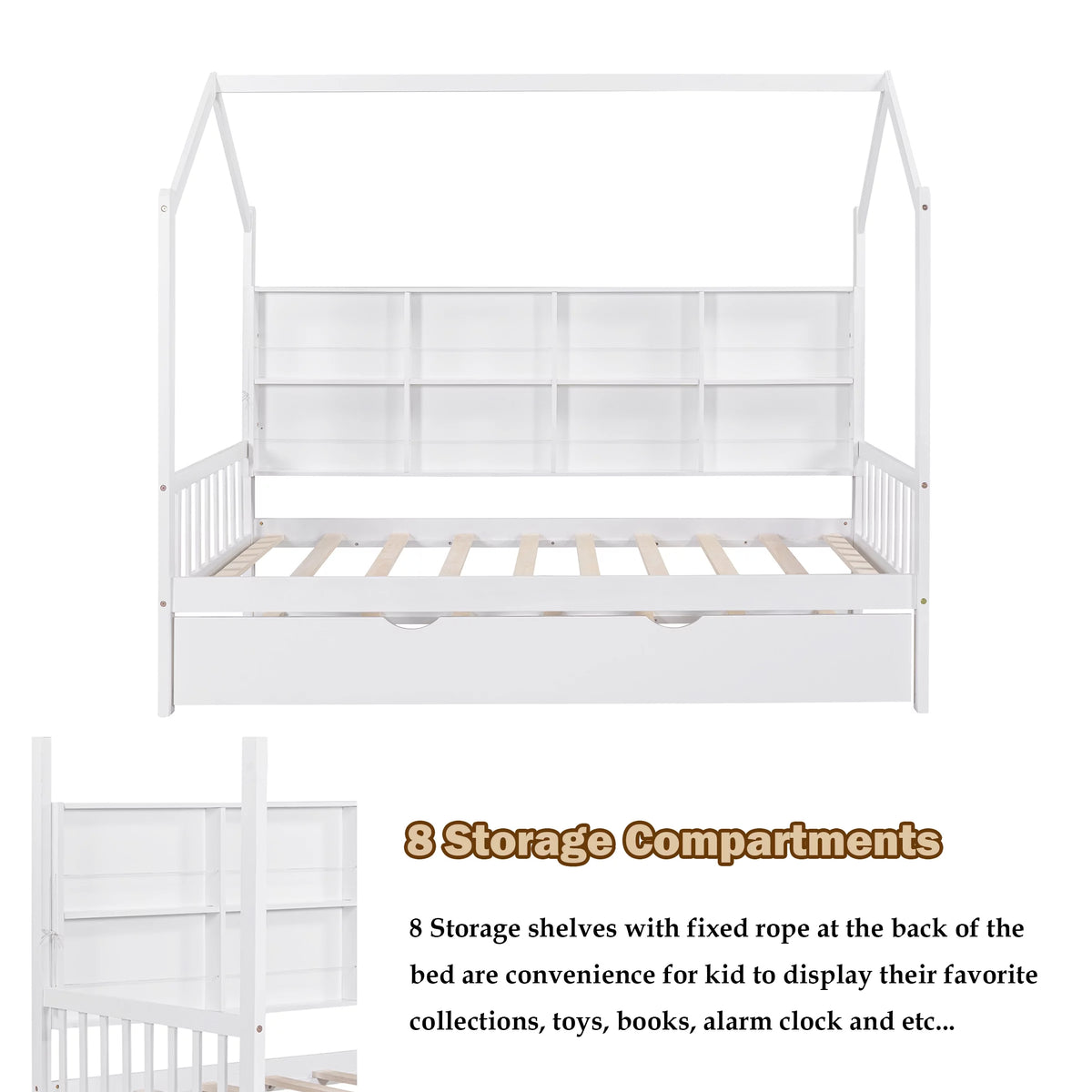 Twin Size Solid Wood House Bed with Trundle and Storage Shelves U865808