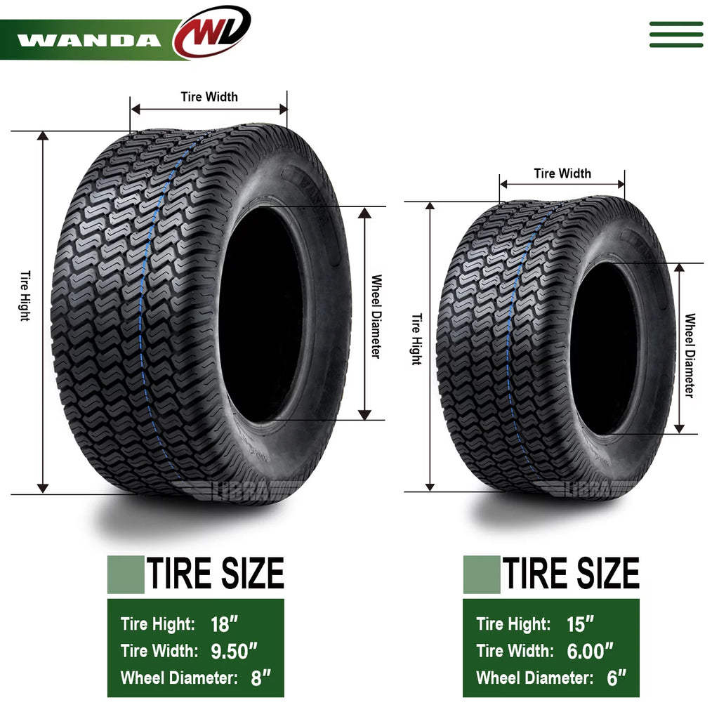 Set of 4 Lawn Mower Turf Tires 15x6-6 Front & 18x9.5-8 Rear O990075