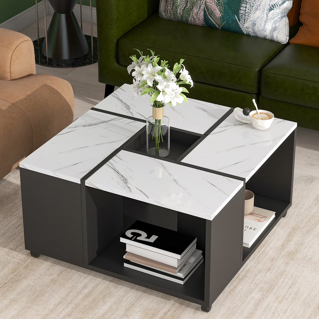 Gloss Coffee Table with Wheels and Marble Top F659