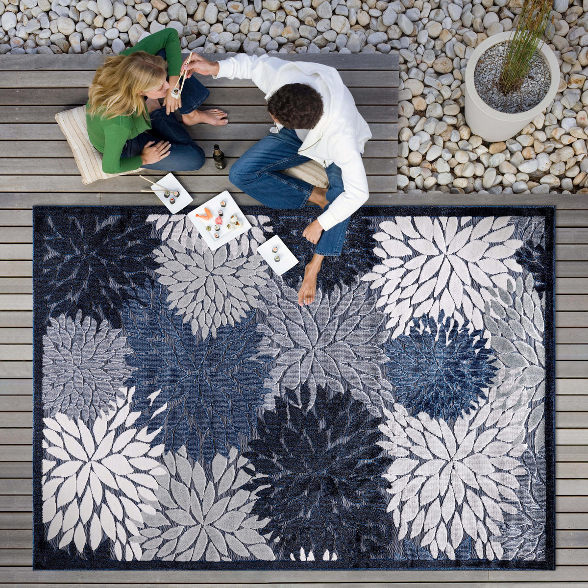 Navy Blue 8x10 Washable Indoor Outdoor Area Rug G7497