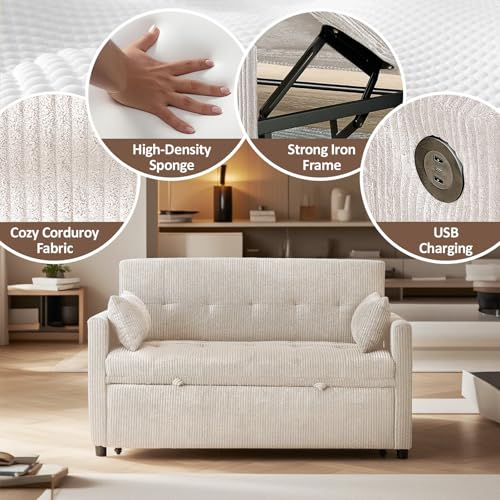 Beige Corduroy 2 Seater Convertible Sleeper Sofa W5943