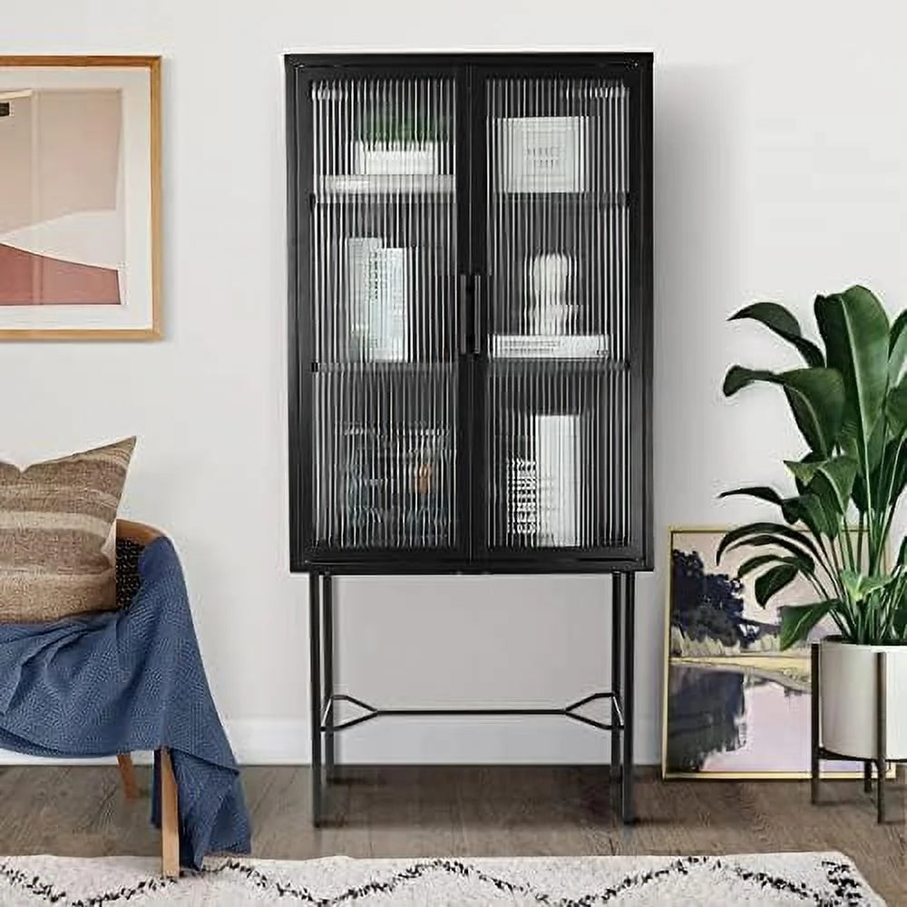 Tall Fluted Glass Door Cabinet with 2-Tier Adjustable Shelves Blue Z74910