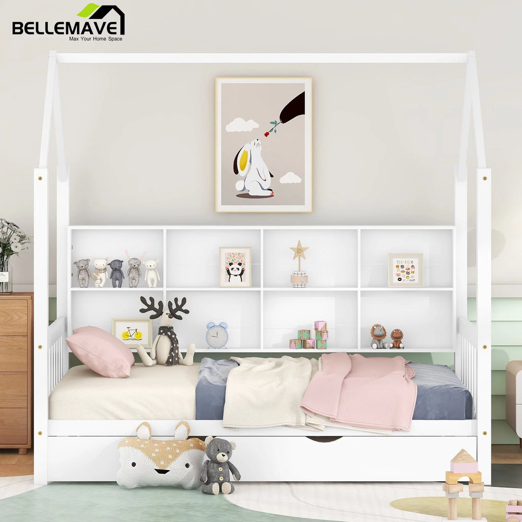 Twin Size Solid Wood House Bed with Trundle and Storage Shelves U865808