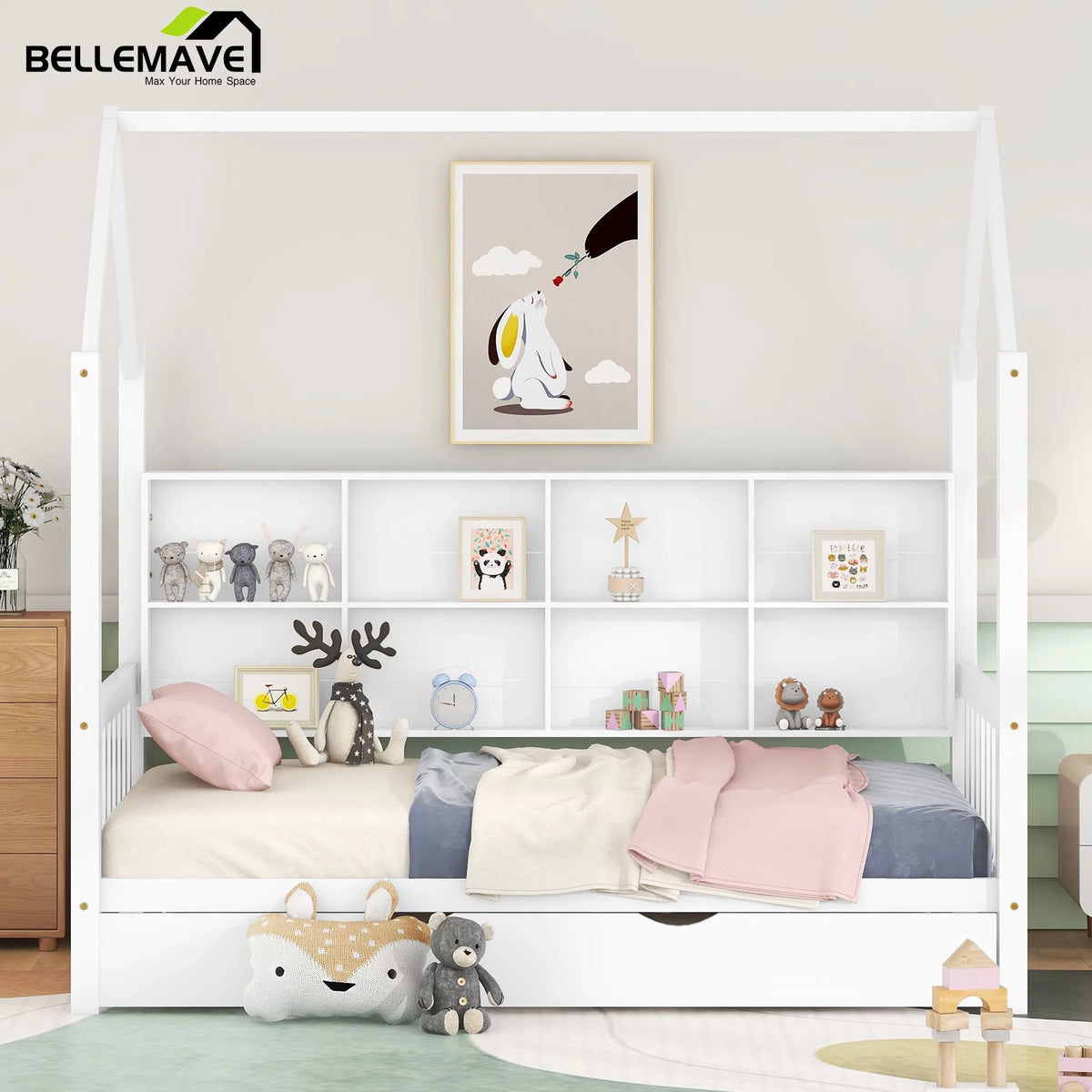 Twin Size Solid Wood House Bed with Trundle and Storage Shelves U865808