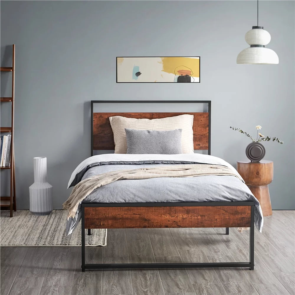 Twin Metal Bed Frame with Wood Headboard & Footboard R7920