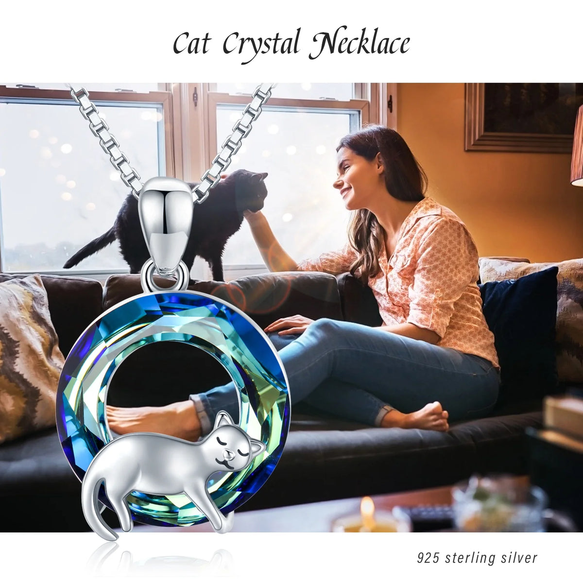 Cat Crystal Pendant Necklace 925 Sterling Silver F633135