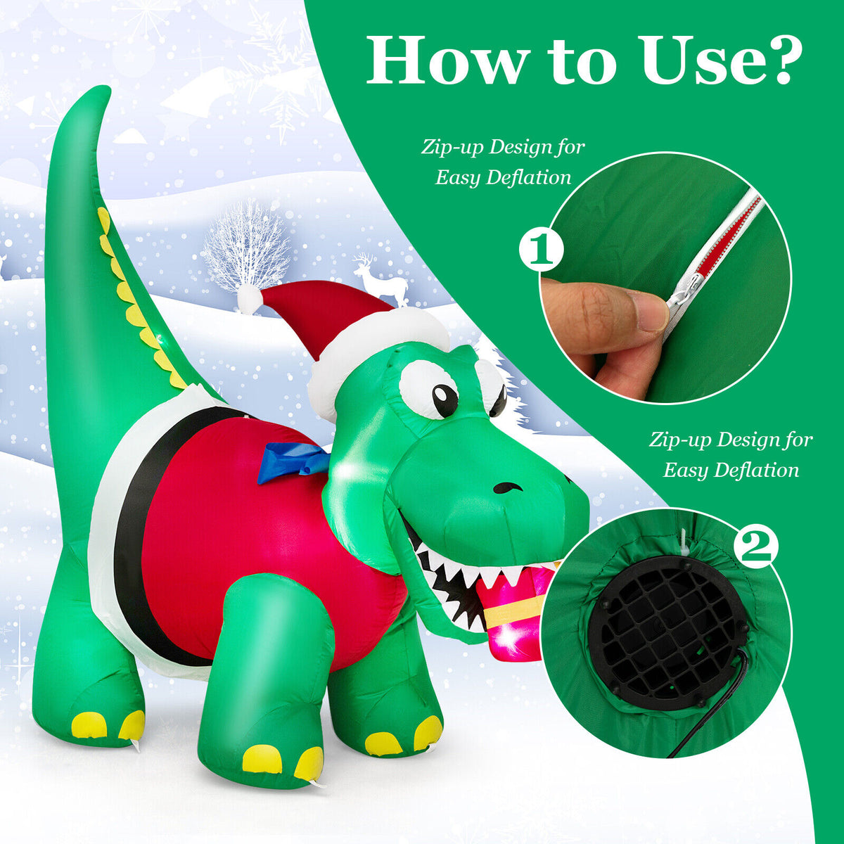 6 FT Christmas Inflatable Dinosaur with Gift Box LED Lights & Blower D2667