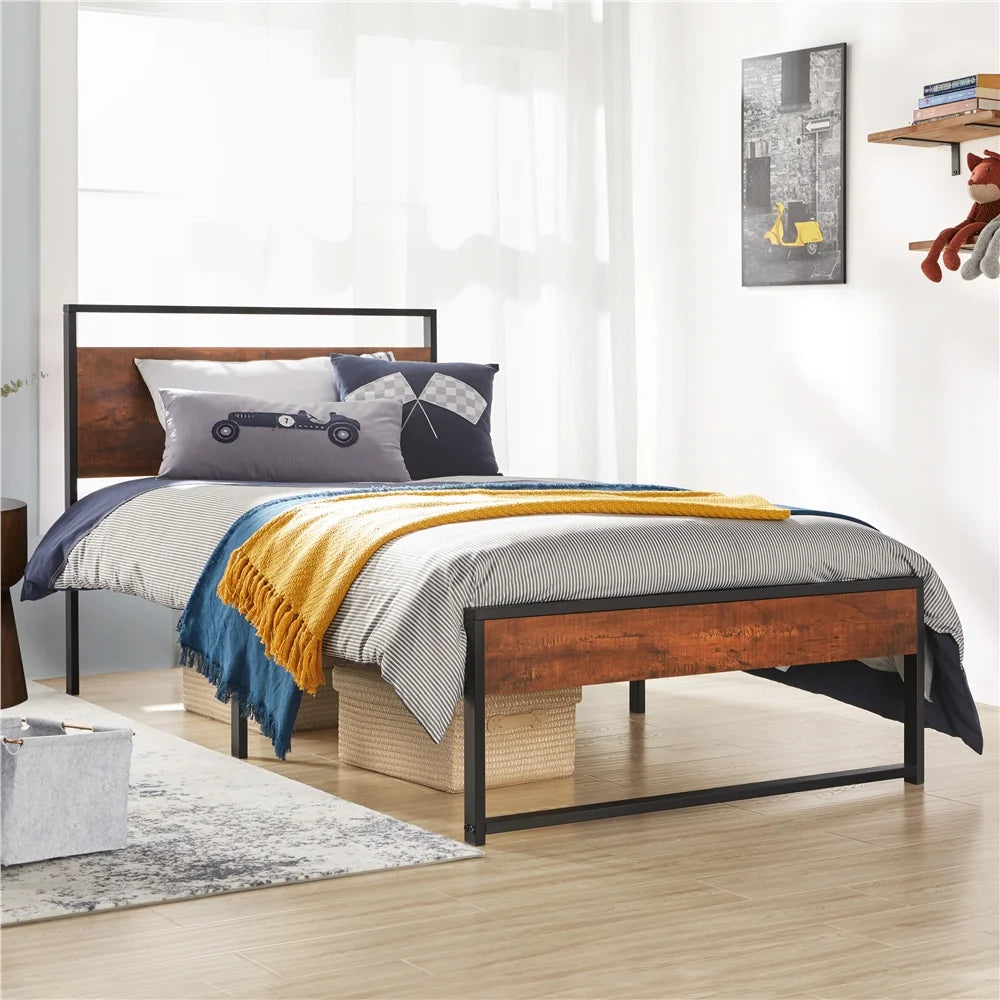 Twin Metal Bed Frame with Wood Headboard & Footboard R7920