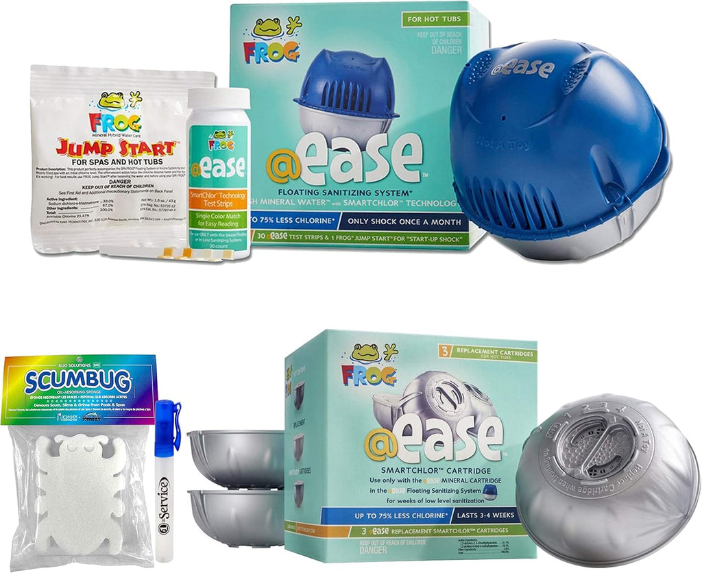 Frog @Ease Floating System, 3 Refill SmartChlor Replacement Cartridges, Jump Start Shock, 30 Test Strips, Hand Sanitizer and Scumbug J50375